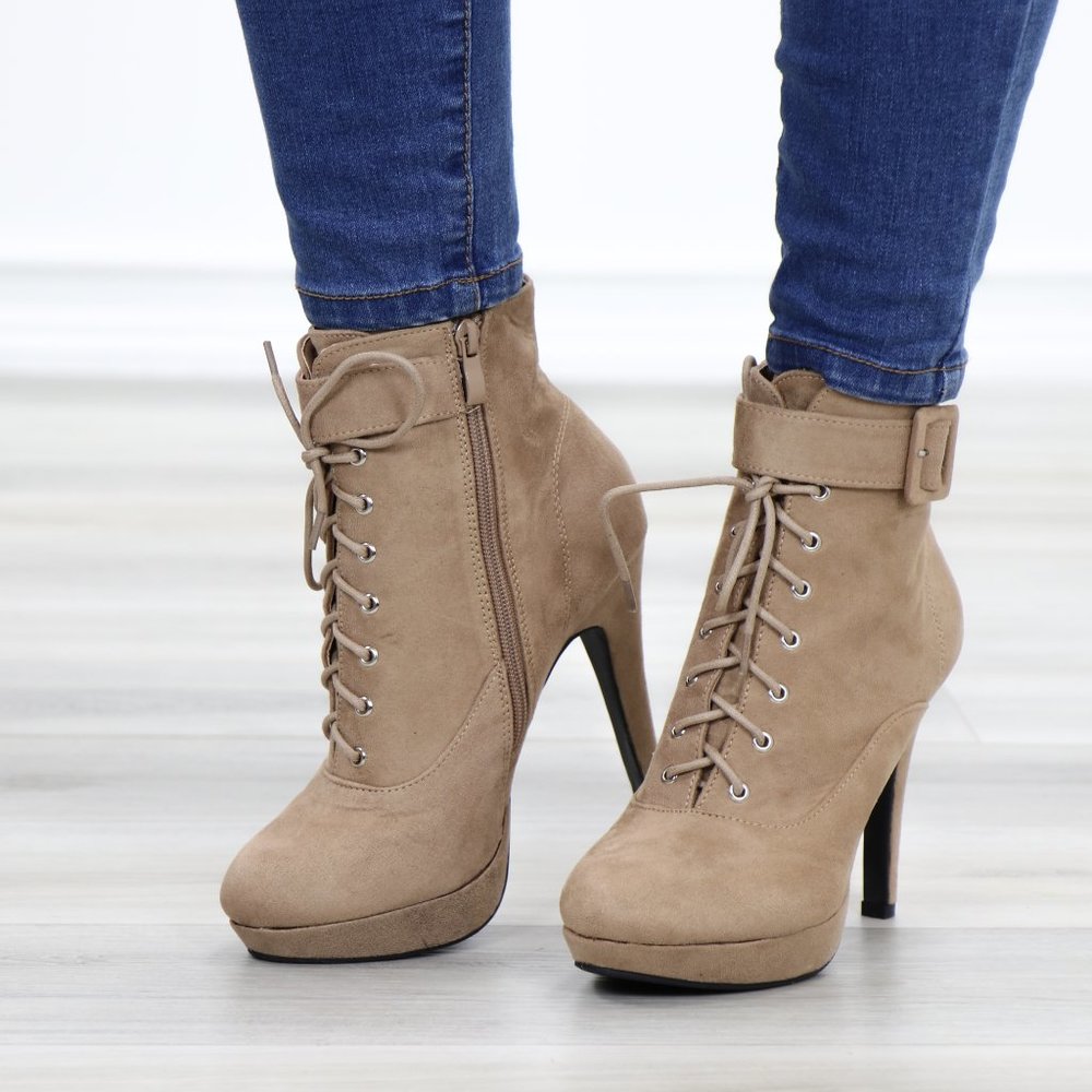 Tan Faux Suede Heel Lace-Up Ankle Booties - Picture 12 of 14